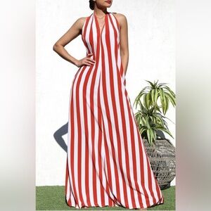 Rust Open Back Halter Tie Neck Closure Striped Detail Maxi Dress